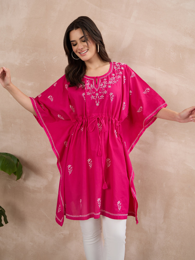 Handcrafted Cotton Chikankari Short Kaftan in Fuchsia Pink