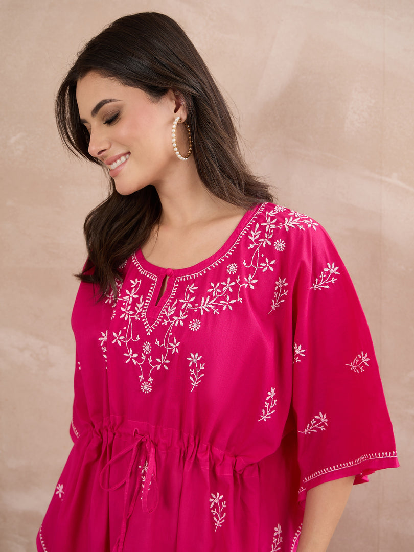 Handcrafted Cotton Chikankari Short Kaftan in Fuchsia Pink