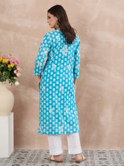 Sky Blue Handcrafted Chikankari Printed Cotton Kurta for Women