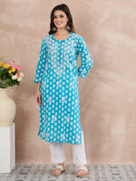Load image into Gallery viewer, Sky Blue Handcrafted Chikankari Printed Cotton Kurta for Women