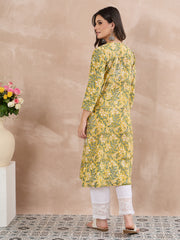 Yellow Cotton Printed Chikankari Kurta