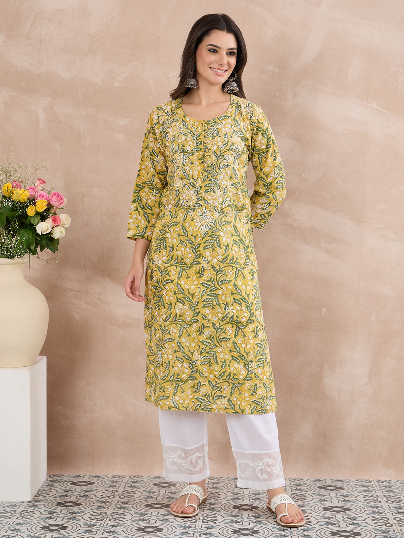 Yellow Cotton Printed Chikankari Kurta