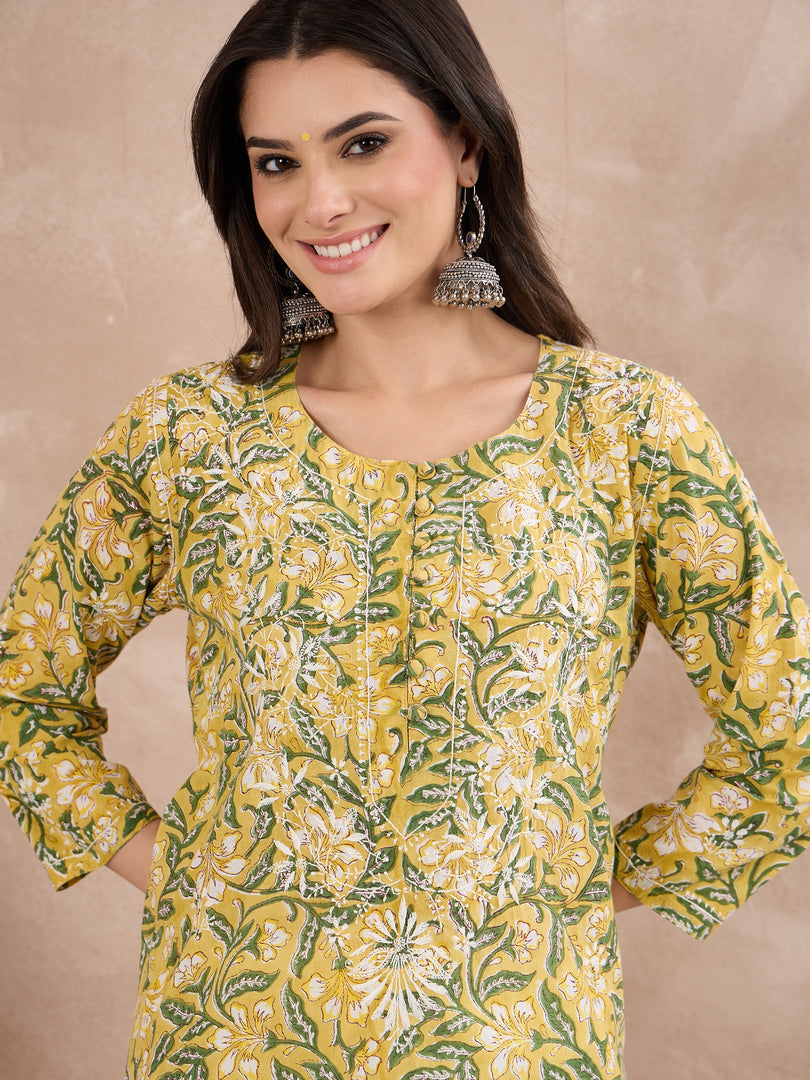 Yellow Cotton Printed Chikankari Kurta
