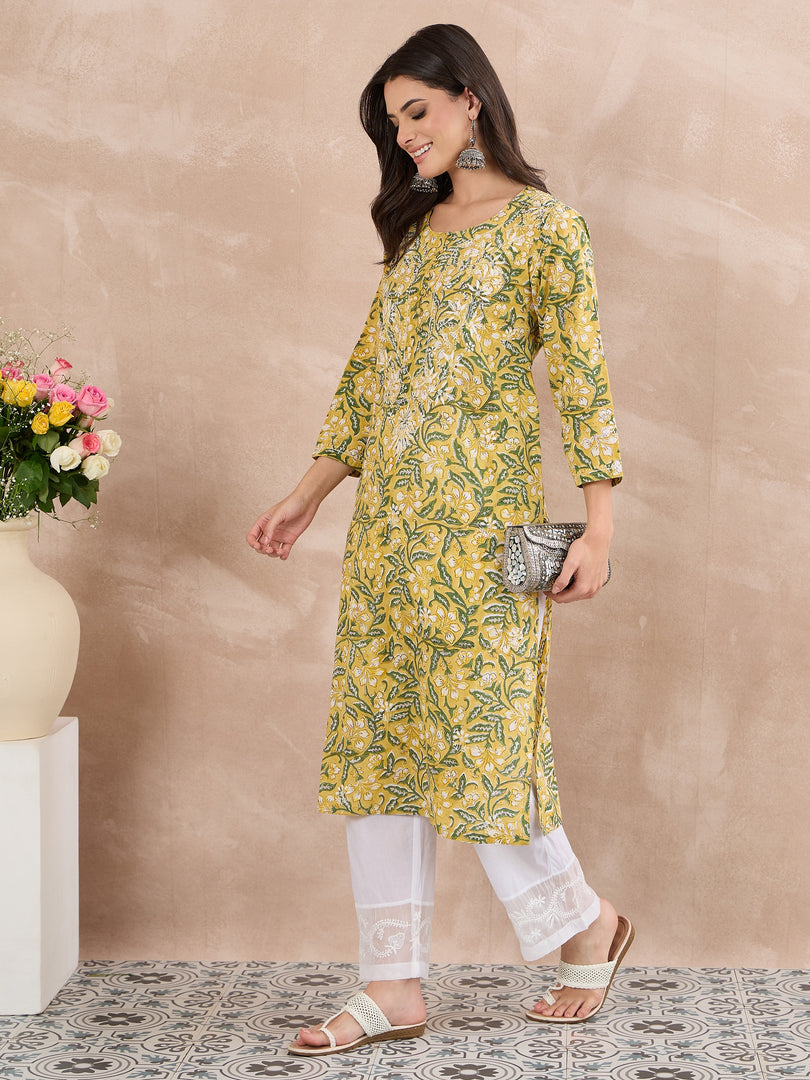 Yellow Cotton Printed Chikankari Kurta