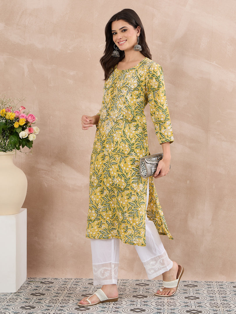 Yellow Cotton Printed Chikankari Kurta
