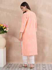 Peach Cotton Chikankari Side Button Kurta for Women | Handcrafted Lucknow Chikankari