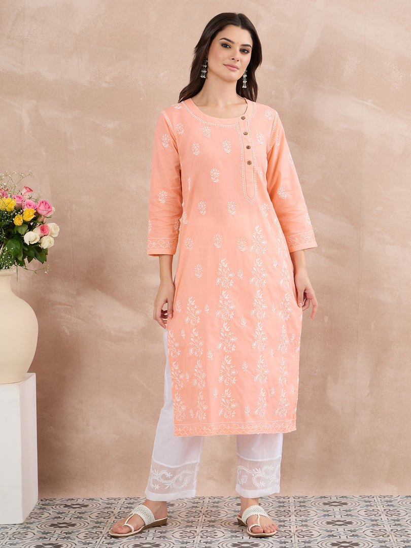 Peach Cotton Chikankari Side Button Kurta for Women | Handcrafted Lucknow Chikankari