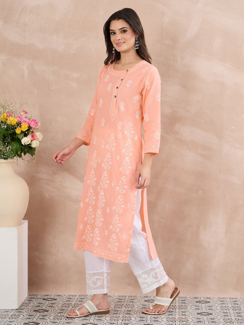 Peach Cotton Chikankari Side Button Kurta for Women | Handcrafted Lucknow Chikankari