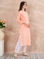 Load image into Gallery viewer, Peach Cotton Chikankari Side Button Kurta for Women | Handcrafted Lucknow Chikankari