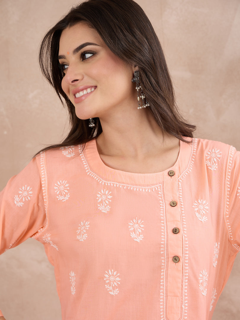 Peach Cotton Chikankari Side Button Kurta for Women | Handcrafted Lucknow Chikankari