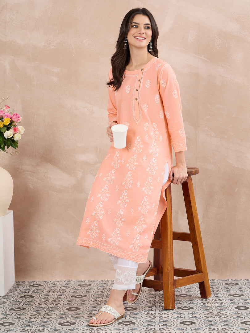 Peach Cotton Chikankari Side Button Kurta for Women | Handcrafted Lucknow Chikankari