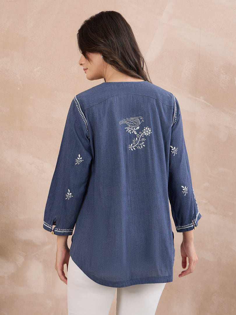 Handcrafted Chikankari Denim Shirt
