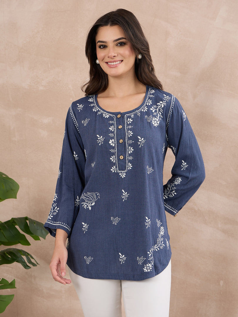 Handcrafted Chikankari Denim Shirt
