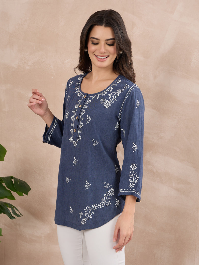 Handcrafted Chikankari Denim Shirt