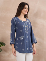 Load image into Gallery viewer, Handcrafted Chikankari Denim Shirt