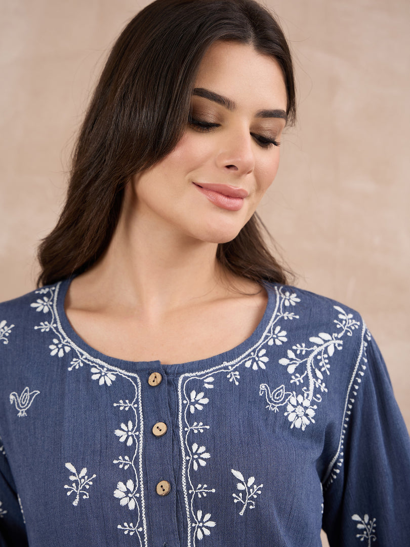 Handcrafted Chikankari Denim Shirt
