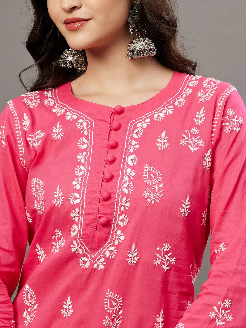 Pink mul cotton kurta with chikankari - Rakhi Apparels