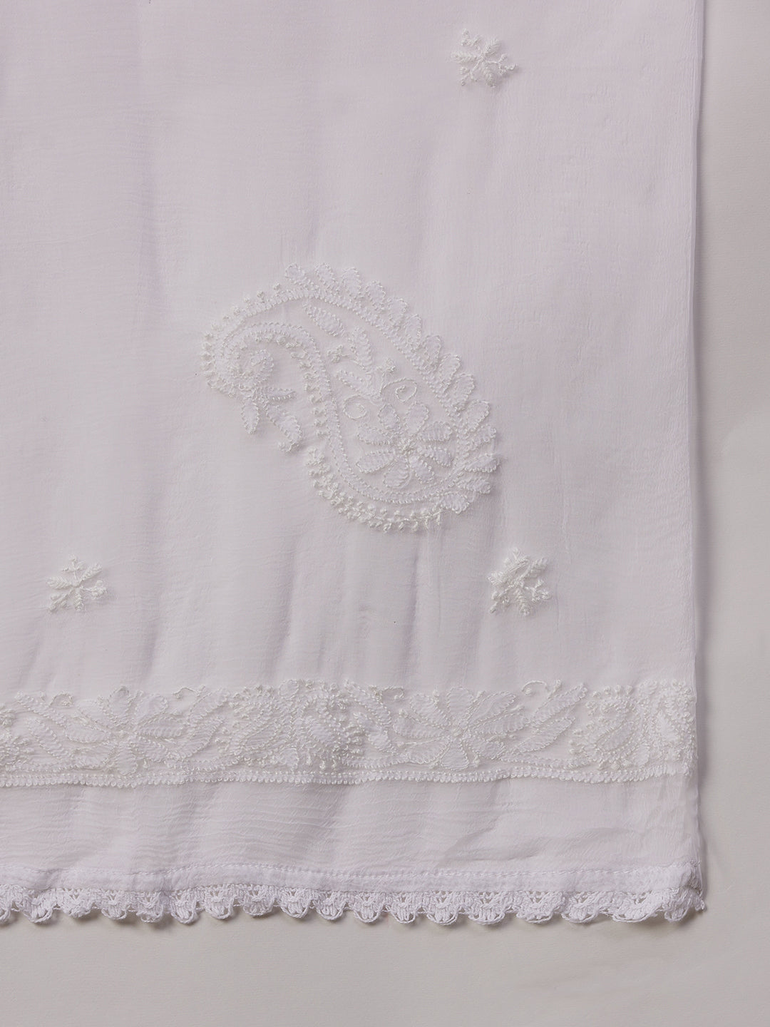 white chiffon dupatta with mukaish and chikankari