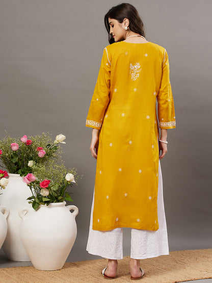 Mustard Cotton Round Neck Kurta With Chikankari