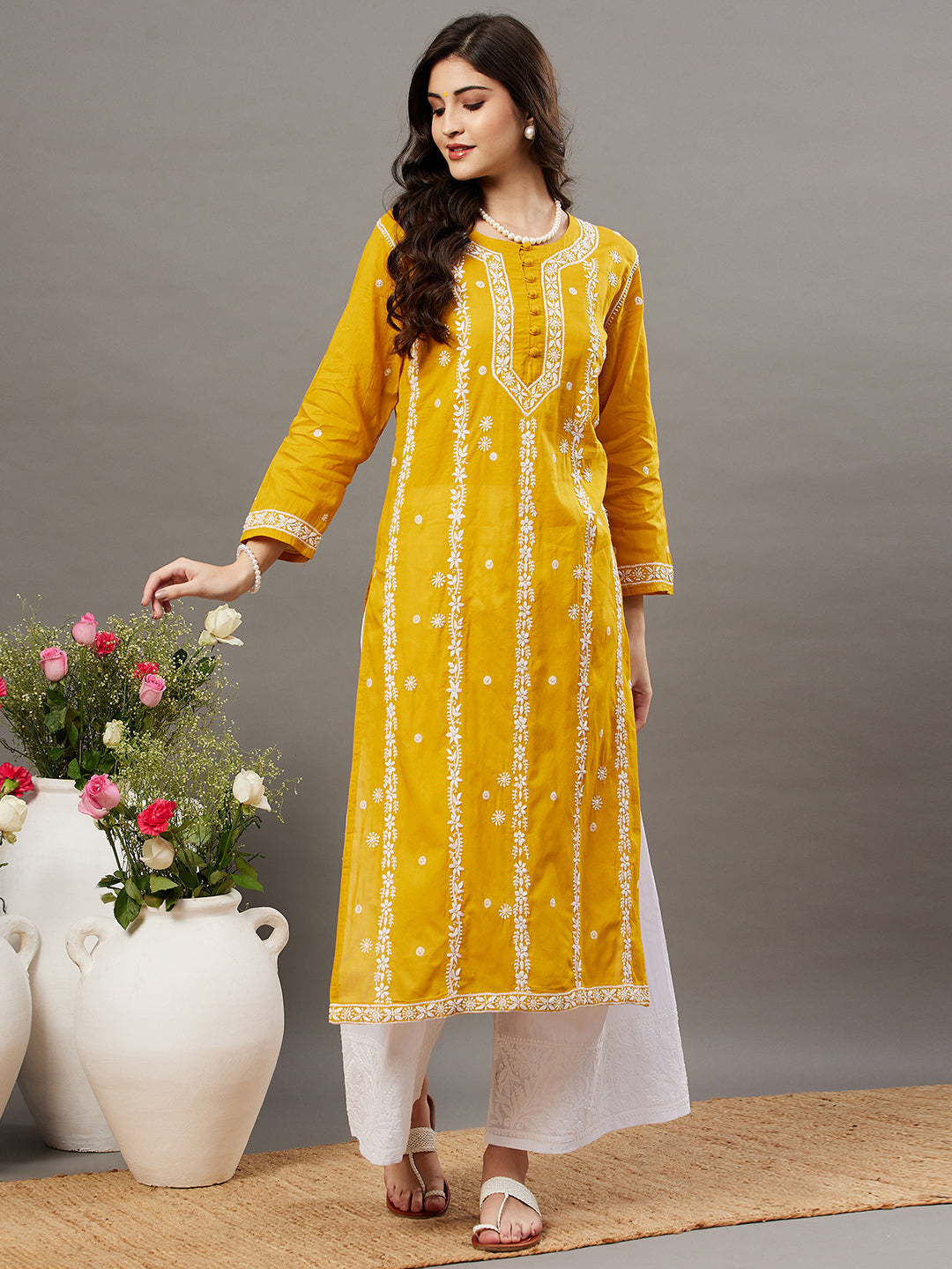 Mustard Cotton Round Neck Kurta With Chikankari