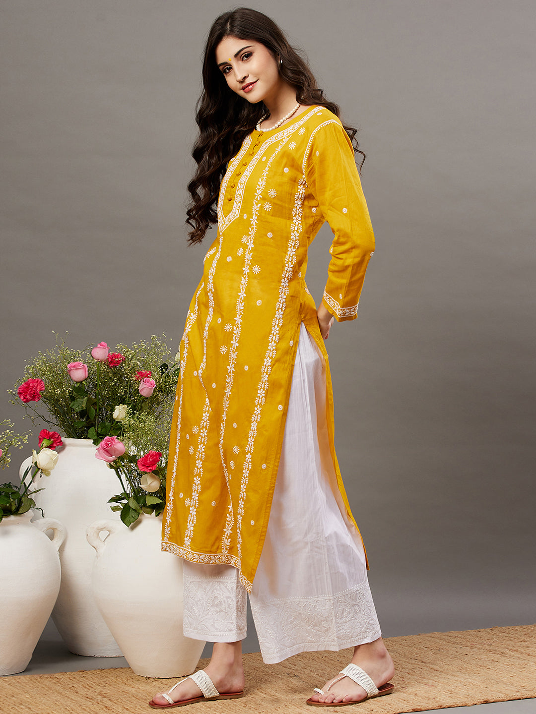 Mustard Cotton Round Neck Kurta With Chikankari