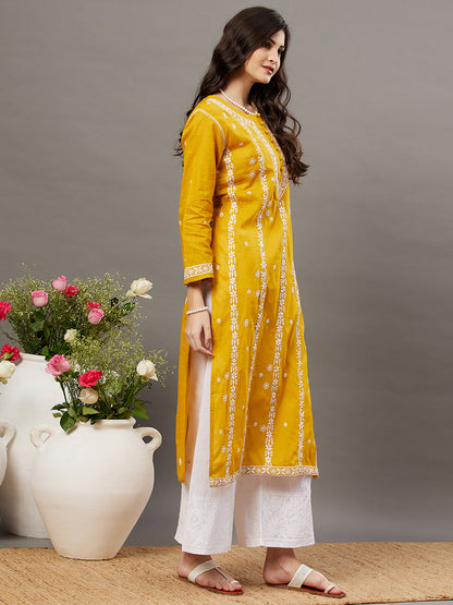 Mustard Cotton Round Neck Kurta With Chikankari