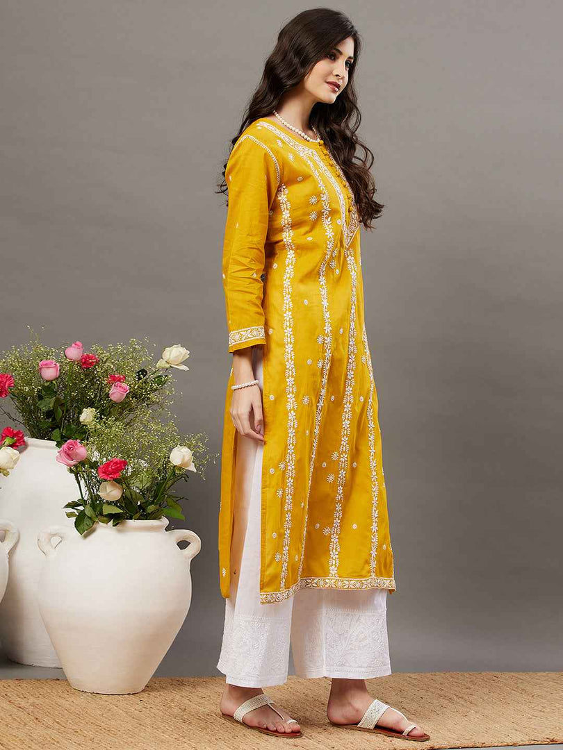 Mustard cotton mul kurta with chikankari