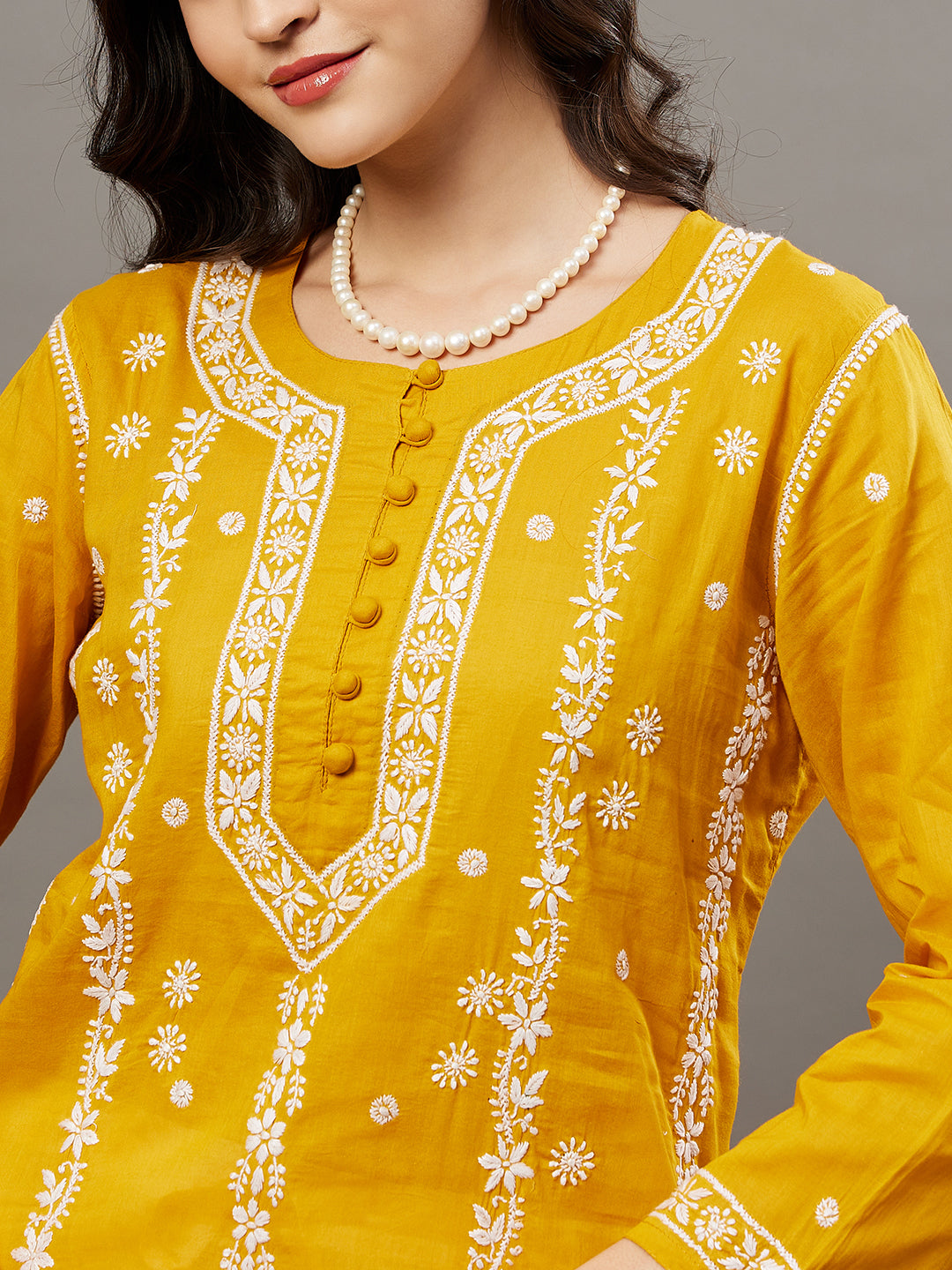 Mustard Cotton Round Neck Kurta With Chikankari