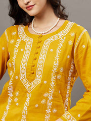 Mustard cotton mul kurta with chikankari