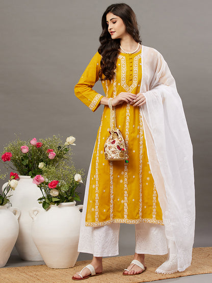 Mustard Cotton Round Neck Kurta With Chikankari