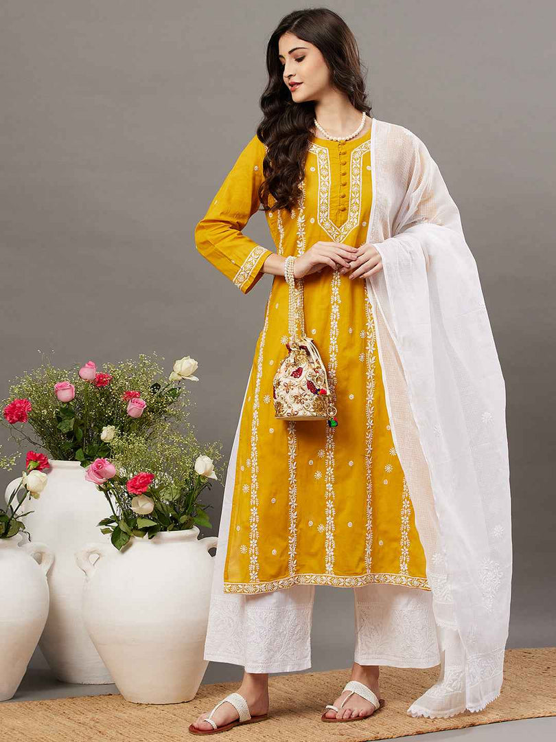 Mustard cotton mul kurta with chikankari