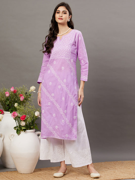 Mauve cotton kurta with front yoke and chikanakri