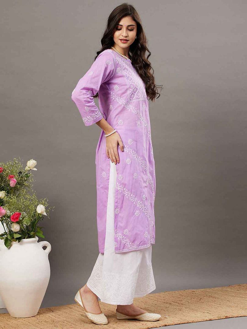 mauve cotton chikankari kurta with front yoke