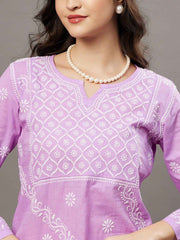 mauve cotton chikankari kurta with front yoke