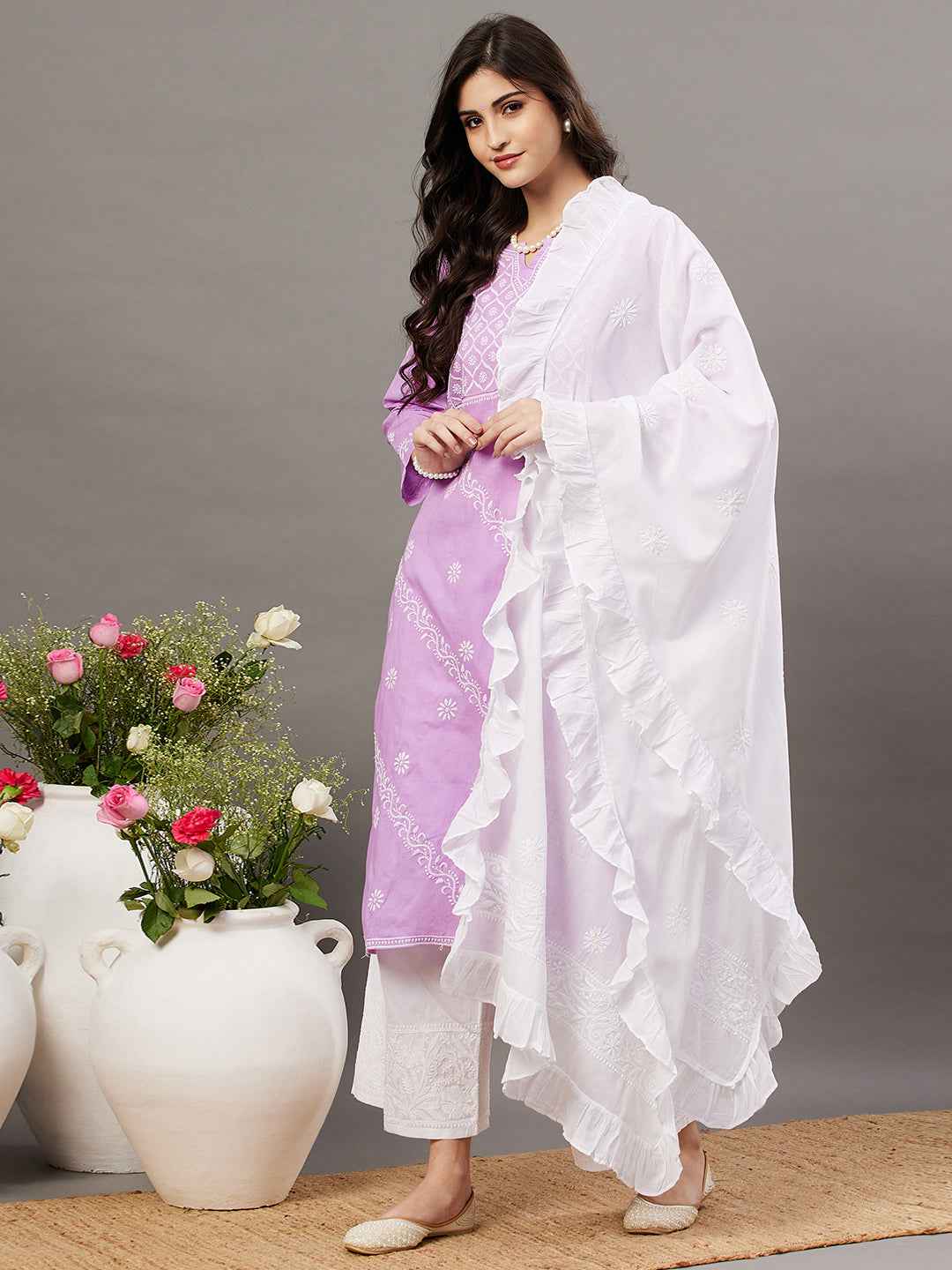 mauve cotton chikankari kurta with front yoke