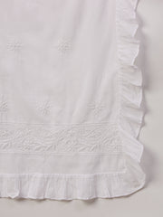 white mul dupatta with chikankari and ruffles at border - Rakhi Apparels
