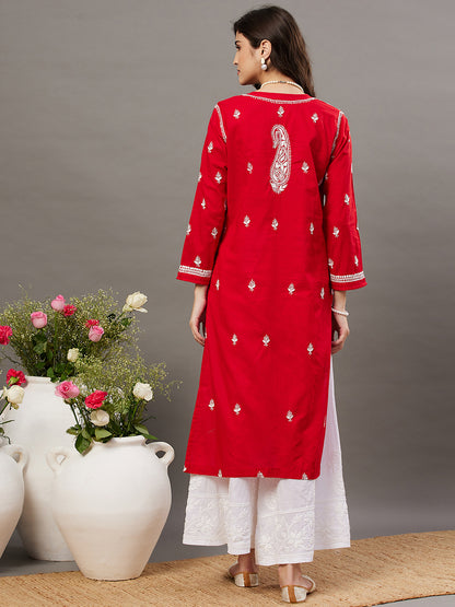 Red cotton round neck kurta with 3/4th sleeve and handcrafted chikankari