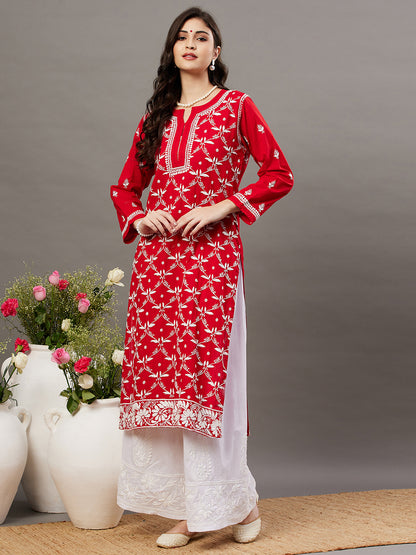 Red cotton round neck kurta with 3/4th sleeve and handcrafted chikankari