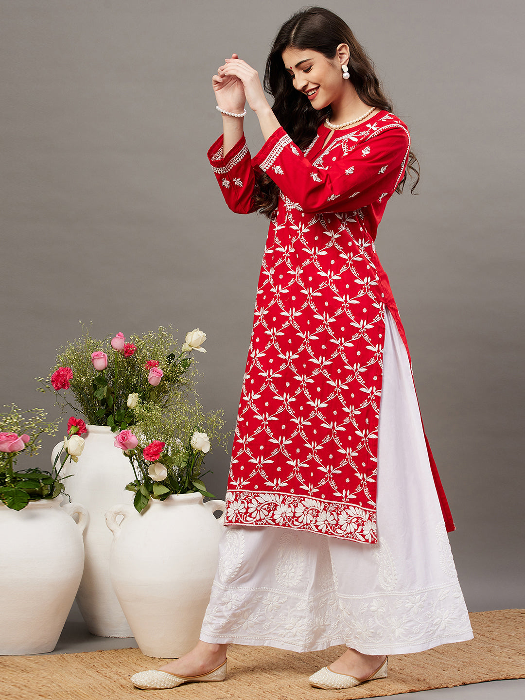 Red cotton round neck kurta with 3/4th sleeve and handcrafted chikankari