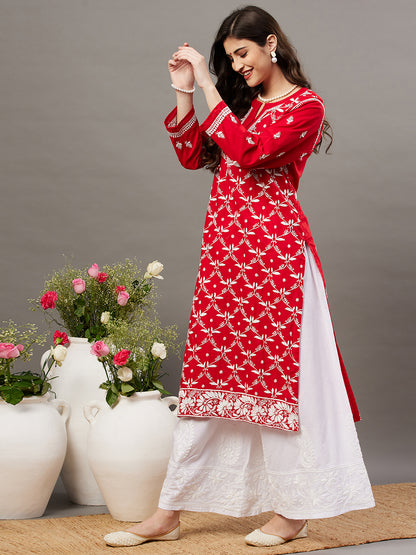 Red cotton round neck kurta with 3/4th sleeve and handcrafted chikankari