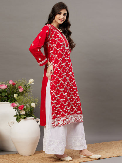 Red cotton round neck kurta with 3/4th sleeve and handcrafted chikankari