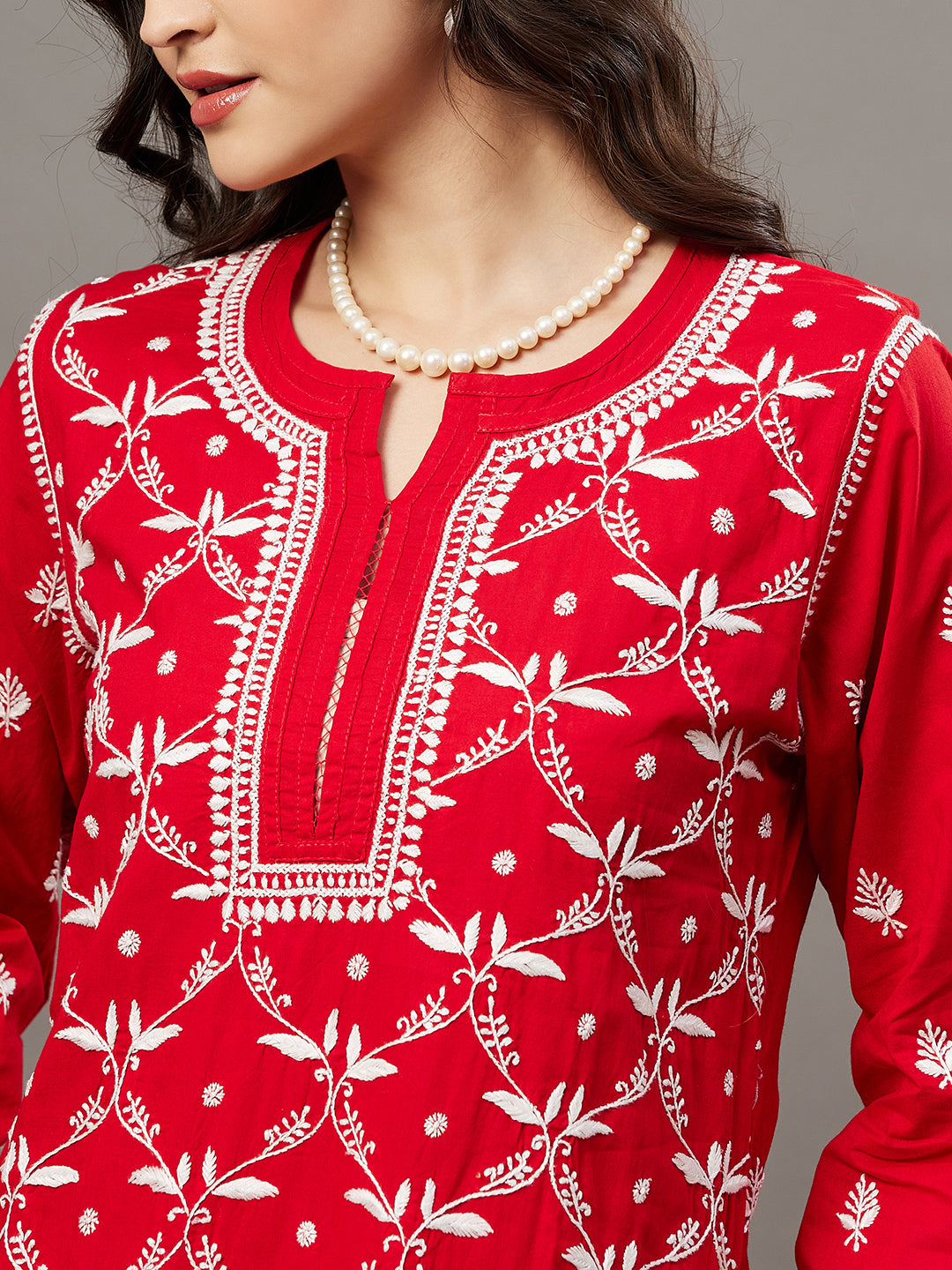 Red cotton round neck kurta with 3/4th sleeve and handcrafted chikankari