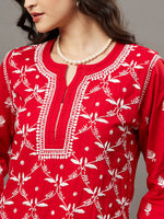 Load image into Gallery viewer, Red round neck all over jaal chikankari cotton kurta - Rakhi Apparels
