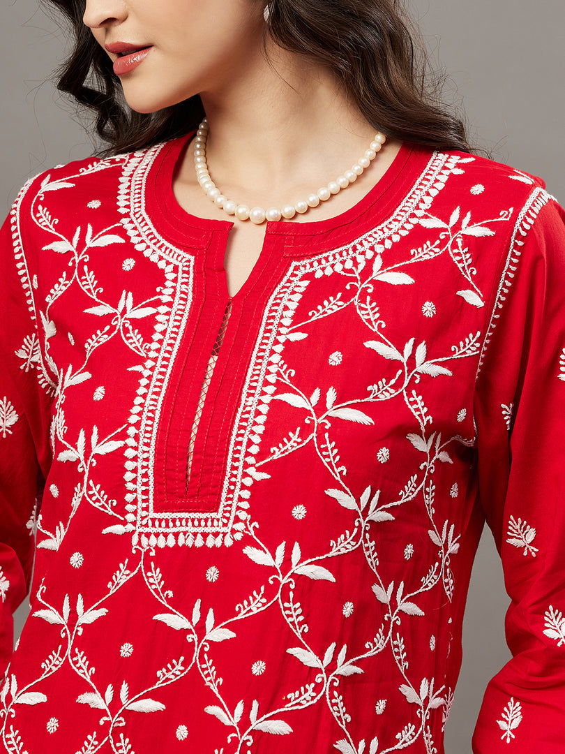 Red round neck all over jaal chikankari cotton kurta - Rakhi Apparels