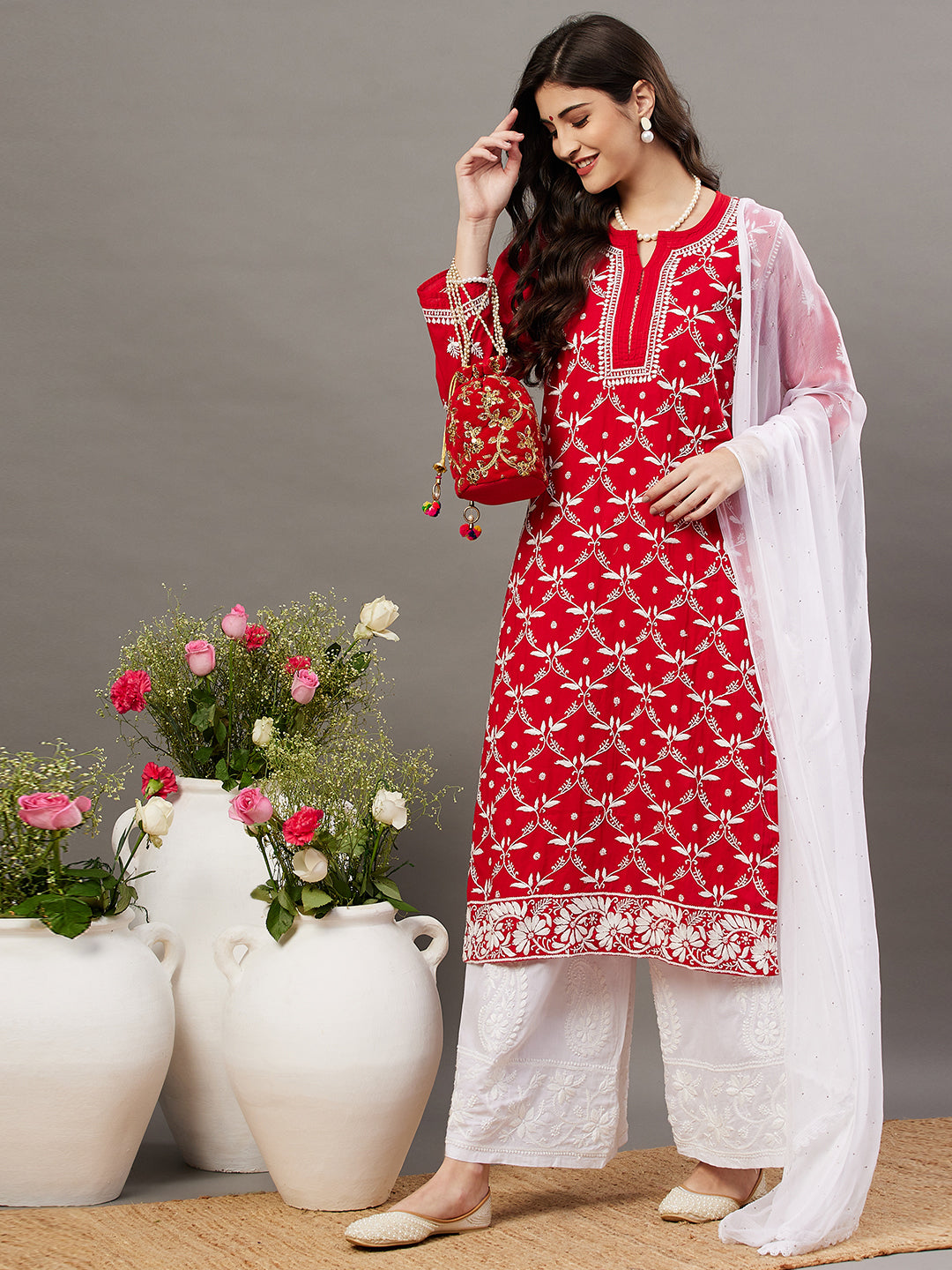 Red cotton round neck kurta with 3/4th sleeve and handcrafted chikankari