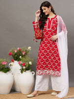 Load image into Gallery viewer, Red round neck all over jaal chikankari cotton kurta - Rakhi Apparels
