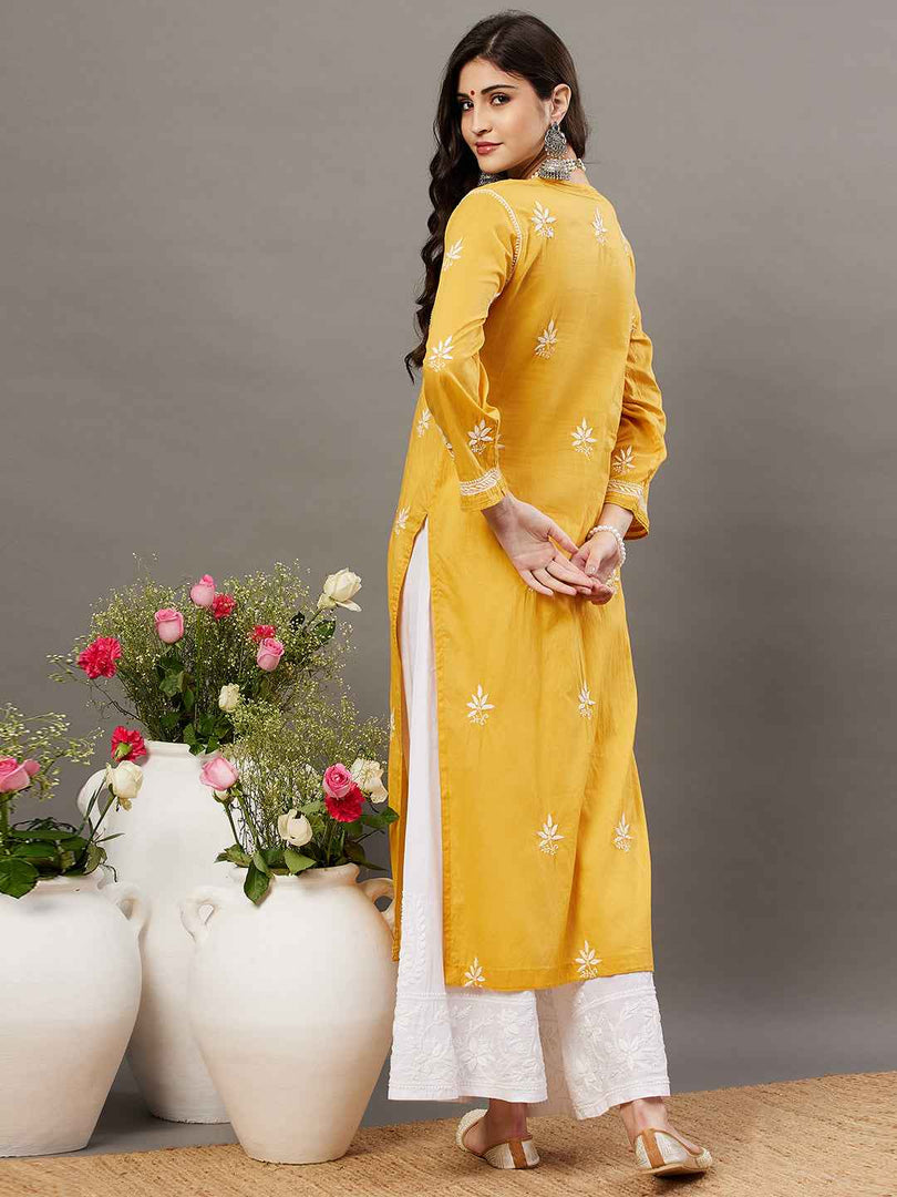 Mustard yellow mul cotton kurta with chikankari