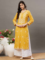 Load image into Gallery viewer, Mustard yellow mul cotton kurta with chikankari
