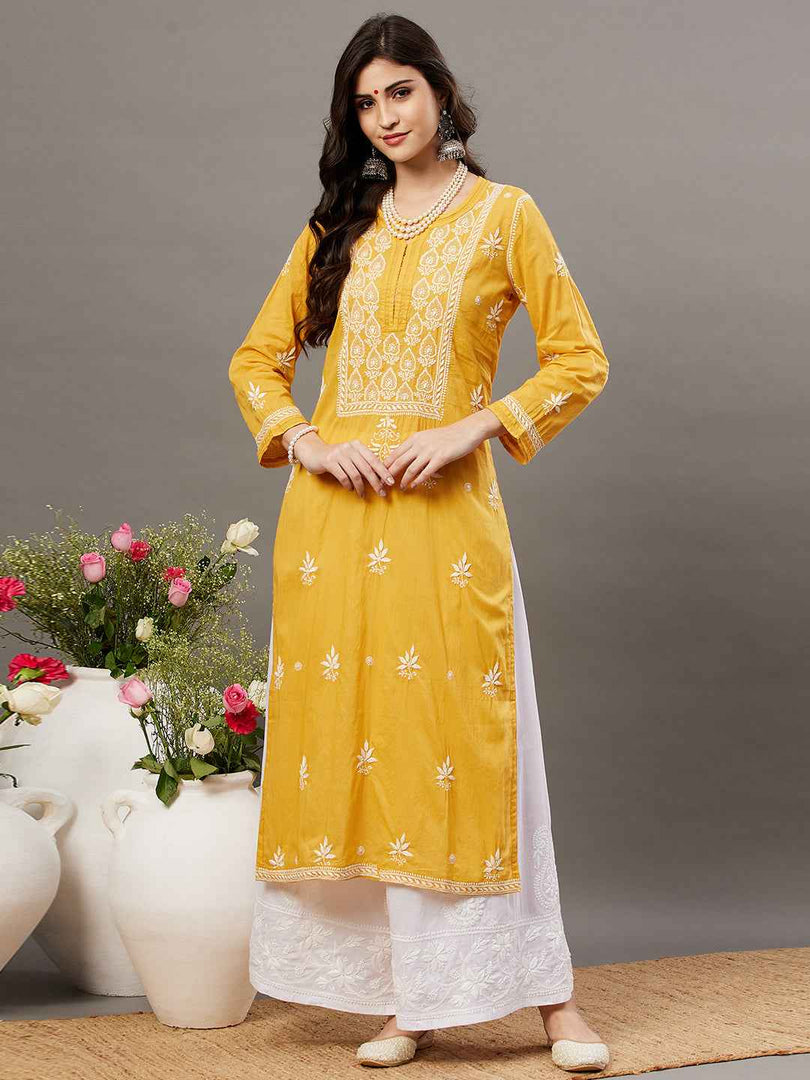 Mustard yellow mul cotton kurta with chikankari