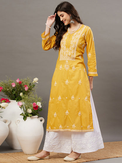 Mustard cotton kurta with front yoke